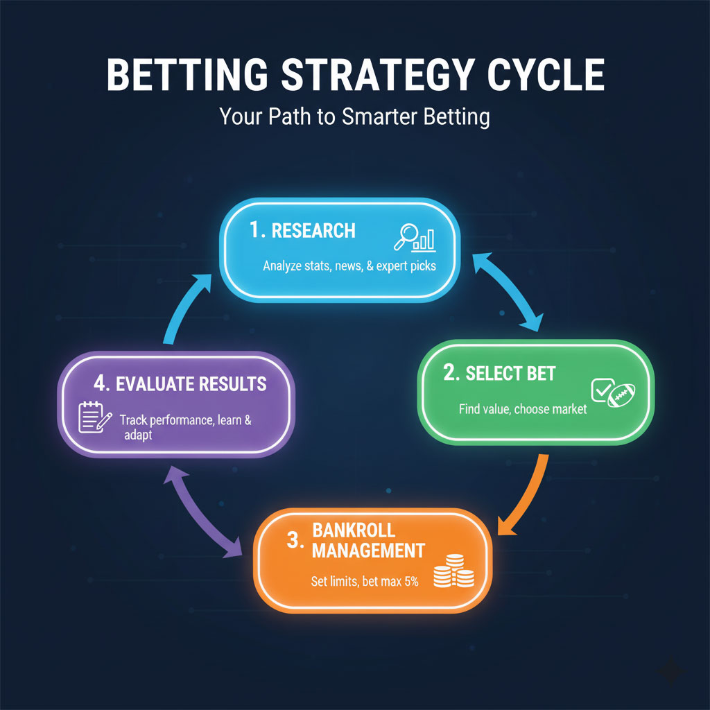 An infographic titled "Betting Strategy Cycle" showing a four-step circular process. Steps include 1. Research (magnifying glass icon, "Analyze stats, news, & expert picks"), 2. Select Bet (football icon, "Find value, choose market"), 3. Bankroll Management (coin icon, "Set limits, bet max 5%"), and 4. Evaluate Results (checklist icon, "Track performance, learn & adapt").