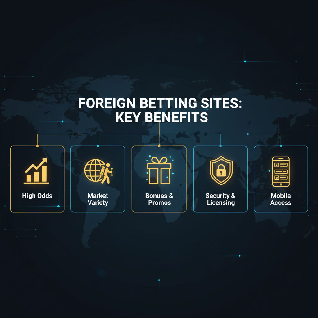 An infographic titled "Key Benefits of Foreign Betting Sites" displaying five advantages. Each benefit has an icon: a rising graph for High Odds, a globe for Market Variety, a gift box for Bonuses, a lock for Security, and a smartphone for Mobile Access.